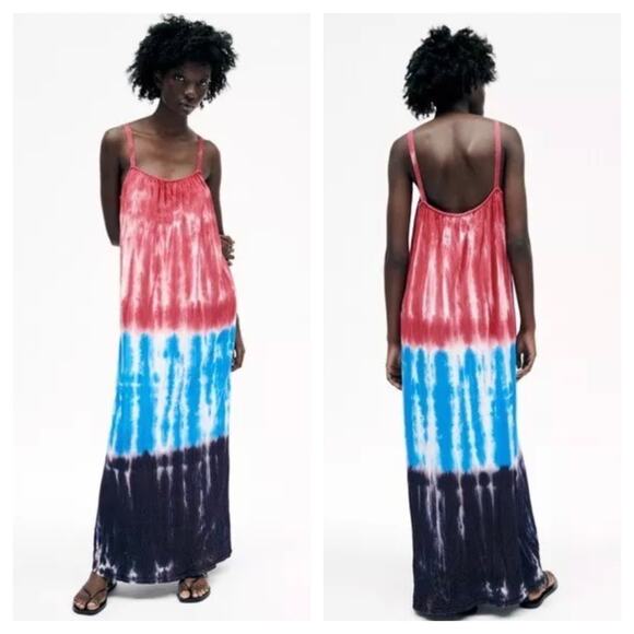 Zara Tie Dye Maxi Dress Size Medium Shift Oversized Boho 9874/100 4TH Of July - Picture 1 of 15